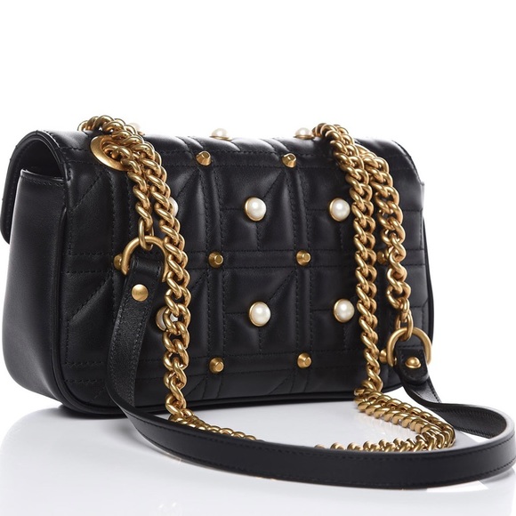 Gucci Marmont Black Leather, Pearl Studded Bag - Picture 3 of 7